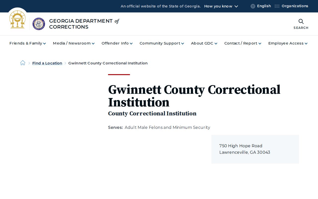 Georgia Department of Corrections page for Gwinnett County Correctional Institution
