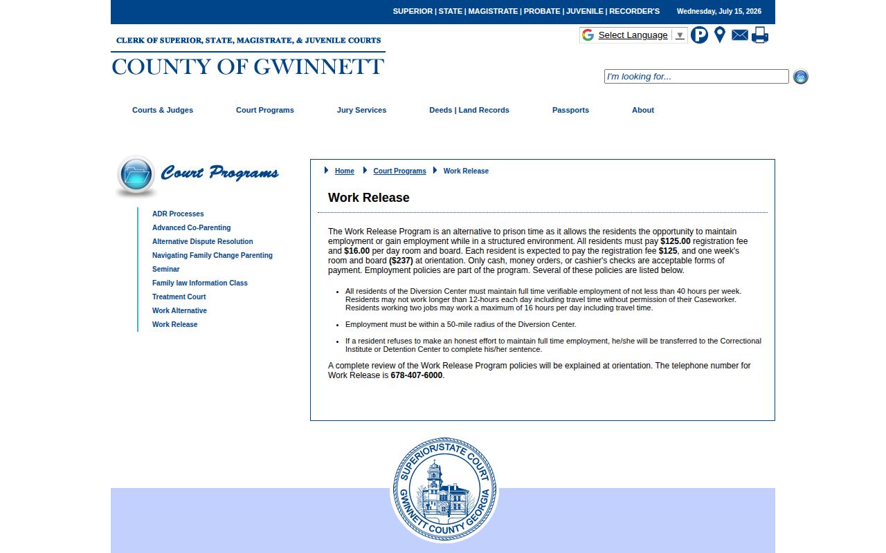 Gwinnett Courts Work Release Program fee details