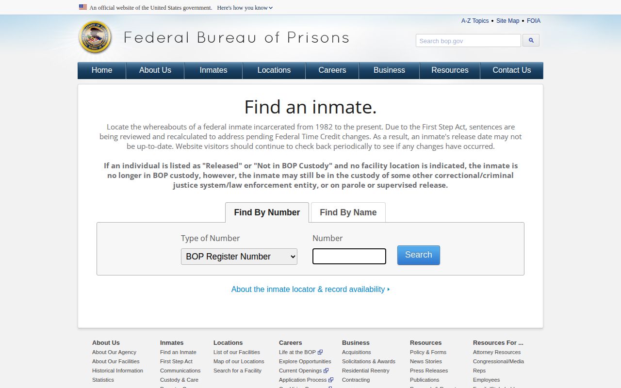 Federal Bureau of Prisons inmate locator release status search