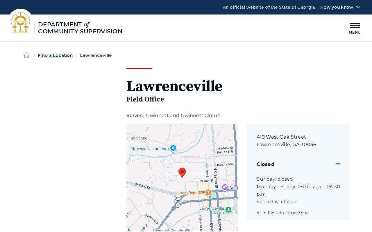 Georgia DCS Lawrenceville field office page serving Gwinnett County