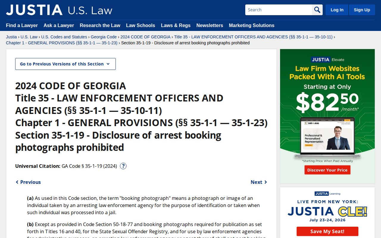 Georgia Code section governing disclosure of booking photographs